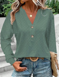 Women's Fashion Casual Solid Color Buttons V-neck Long Sleeve