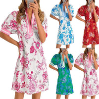 Casual Floral Puff Sleeve V-Neck Colorblock Loose Dress