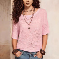 Womens Short-sleeve Knitted Openwork Beach Tunic