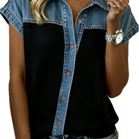 European And American-style Black Textured Contrast-color Patchwork Collar Button-up Short-sleeve Casual Shirt