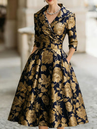Elegant Womens V-Neck Long-Sleeve Dress With A Floral Creative Retro 3D Digital Print