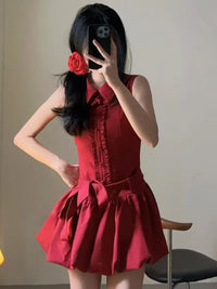 Elegant Red Shirt-bloom Dress For Women