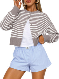 Buttoned Long-sleeve Crew-neck Solid-color Cropped Knit Sweater