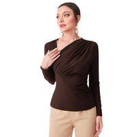 Womens Slant-Neckline Slim-Fit Pleated Versatile Base Top Long-Sleeve Blouse