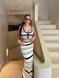 Striped Casual Vest Top Beach Contrast Skirt Knitting Suit