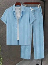 Mens Multi-Color Bamboo-Texture Wrinkle-Finish Short-Sleeve Shirt And Pants Set