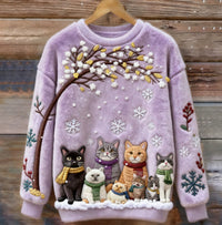 Womens Printed Cat Christmas Crew-Neck Sweatshirt Top