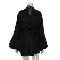 Striped V-neck Puffed-sleeve Lace-up Satin Draping A-line Dress