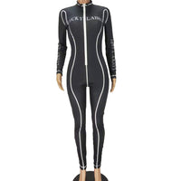 European and American alphabet print sexy zipper jumpsuit