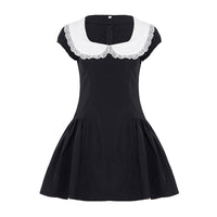 French Chic Black And White Colorblock Lace-trimmed Neckline Defined-waist Dress