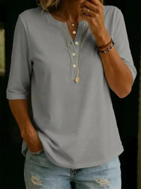 Women's Solid-Colored Cotton Button-Down Half-Sleeve Shirt