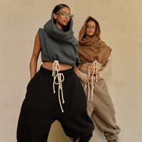 Womens Casual Oversized Collar Sleeveless Drawstring Hooded Sweatshirt