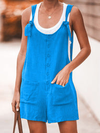 New Solid Color Round Neck Button Loose Short Jumpsuit