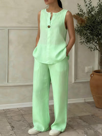 Women's V-Neck Sleeveless Knit Vest And Extended-Length Pants Set - Casual Cotton Blend Matching Outfit