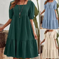 Halter-neck Pleated Short Sleeve Cotton-linen Dress