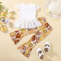 European And American Foreign Trade Young And Little Girls Lace Short-sleeved Top Bell-bottom Pants Kids Clothes Two-piece Suit One Piece Dropshipping