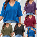 Fashionable Casual Womens Solid-Color V-Neck Top With Pockets And Three-Quarter Sleeves