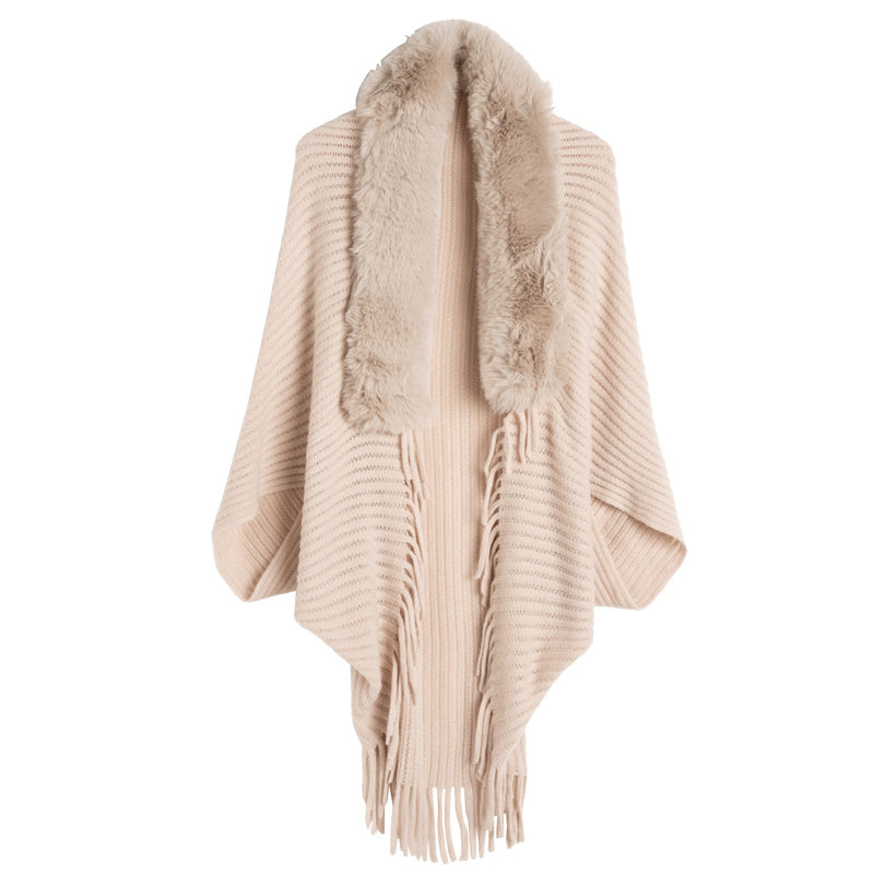 Women's Loose Tassel Fashion Shawl Jacket With Fur Collar