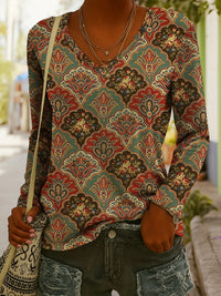 Fashionable Ethnic-Style Printed V-Neck Long-Sleeve T-Shirt