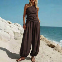 Casual Minimalist Solid-Color Sleeveless Tank Top And Loose High-Waist Pants Set For Women
