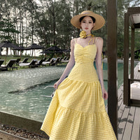 Neck-hanging Strap Summer Blue Plaid Seaside Vacation Beach Maxi Dress