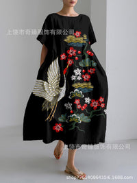 Womens Loose 3D Digital-Print Short-Sleeve Dress