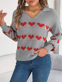 Women Casual V-Neck Lantern Sleeve Color Block Heart Pullover Sweater