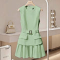 Elegant Round Neck Minimalist Belted Sleeveless Dress