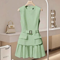 Elegant Round Neck Minimalist Belted Sleeveless Dress