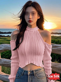 Halter Knitted Scheming Machine Off-the-shoulder Short Sweater