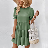 Loose-fitting Round-neck Short-sleeve Pleated Solid-color Dress