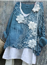 Retro Casual Floral Art Linen-Blend Blouses