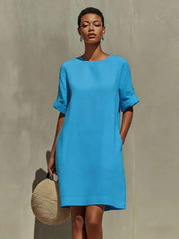 Round-neck Dress With Rolled-up Cuffs