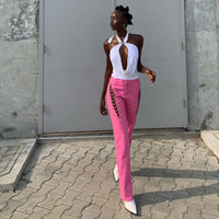 Women's High Waist Hollow-out Strap Straight Ankle Tied Leather Pants