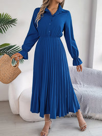 Women's Casual Lapel Button Long Sleeve Tie Waist Pleated Maxi Dress