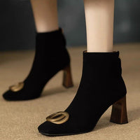 Retro Matte Leather High-Heel Short Boots With Metal Buckle And Side Zipper