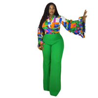 Plus-size Printed Flared-sleeve Top And Wide-leg Pants Two-piece Set