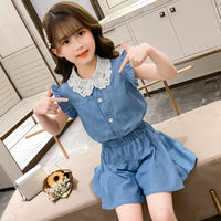 Girls' summer lace collar denim suit