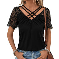 V-neck Basic Casual T-shirt Lace-panel Short-sleeve Top For Women