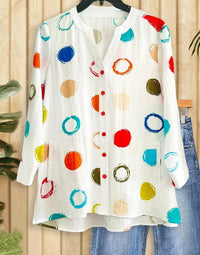 Women's Basic White Colorful Circle Groovy V-Neck Long Sleeve Shirt