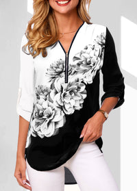 V-neck Zipper Long Sleeve Rollable Sleeves Loose Shirt