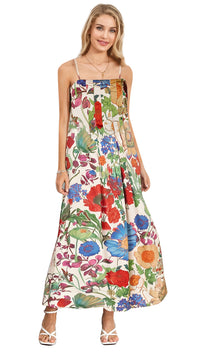 Strap-printed High-waist Belt A-line Dress