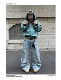 American-style Side Double-oblique Pleated Washed Wide-leg Jeans