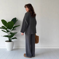 Long Sleeve V Neck Loose Top And Wide Leg Pants Set