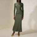 Womens High-neck Green Pleated Sheath Long-sleeve Dress
