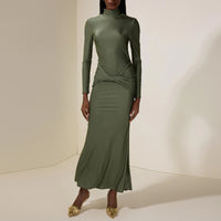 Womens High-neck Green Pleated Sheath Long-sleeve Dress