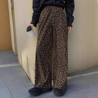 Corduroy Leopard-Print Elastic-Waist Wide-Leg Pants Versatile Soft & Relaxed High-Waist Straight-Leg Trousers