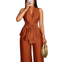 Elegant Solid-color Sleeveless Top With Tie Details And Wide-leg Pants Two-piece Set