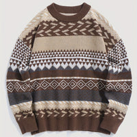 Pullover Round Neck Long Sleeves Contrast Color Diamond Patterns Sweater