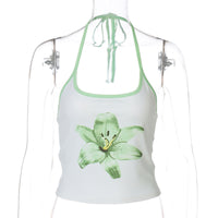 Printed Halterneck Lace-Up Ultra-Cropped Midriff-Baring Tank Top